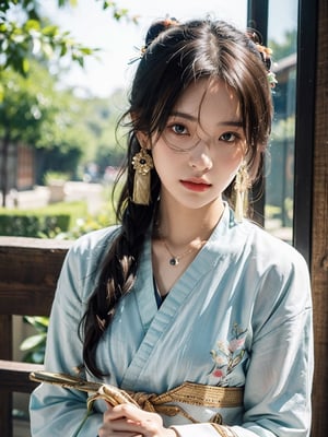 Realistic: 1.3, Masterpiece, Highest Quality, High Resolution, Details: 1.2, 1 Girl, Bun, Hairpin, Beautiful Face, Delicate Eyes, Tassel Earrings, Necklaces, Bracelets, Hanfu, Su Embroidered Hanfu, Streamers, Ribbons, Elegant Stand Posture, Aesthetics, Movie Lighting, Ray Tracing, Depth of Field, Layering, Fluttering,汉服,qingsha