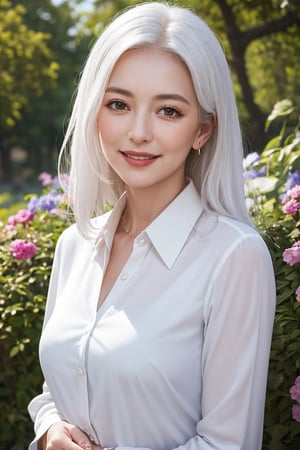 white haired old lady queen in the secret garden amongst ruins and flowers and trees, 65 years old, masterpiece, best quality, photorealistic, raw photo, 1girl, long hair, medium breast, collared blouse, light smile, detailed skin, pore, depth of field, low key, dslr