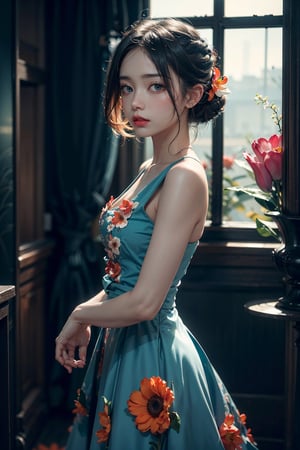 woman,flower dress,colorful,darl background,blue theme,exposure blend,medium shot,bokeh, ((hdr::1.4),high contrast,cinematic, (teal and orange::0.85),muted colors,dim colors, (soothing tones::1.3),low saturation,motiontrail