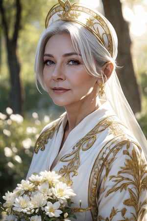  milf,best quality, high resolution, 8k, realistic, sharp focus, photorealistic image of a beautiful white haired old lady nurse in the secret garden amongst ruins and flowers and trees, 55 years old, this nurse wearing golden garb , semi transparent decoration, shiny skin, reflection, far camera shoot, blurry_light_background,1 girl,yuzu