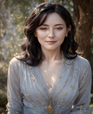 best quality, high resolution, 8k, realistic, sharp focus, photorealistic image of a beautiful white haired old lady queen in the secret garden amongst ruins and flowers and trees, 55 years old, this queen wearing golden garb , semi transparent decoration, shiny skin, reflection, far camera shoot, blurry_light_background,1 girl,yuzu