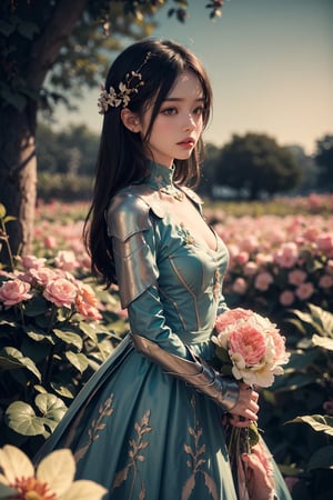 woman, flower dress, colorful, darl background,flower armor,green theme,exposure blend, medium shot, bokeh, (hdr:1.4), high contrast, (cinematic, teal and orange:0.85), (muted colors, dim colors, soothing tones:1.3), low saturation,