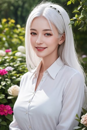 white haired old lady queen in the secret garden amongst ruins and flowers and trees, 65 years old, masterpiece, best quality, photorealistic, raw photo, 1girl, long hair, medium breast, collared blouse, light smile, detailed skin, pore, depth of field, low key, dslr