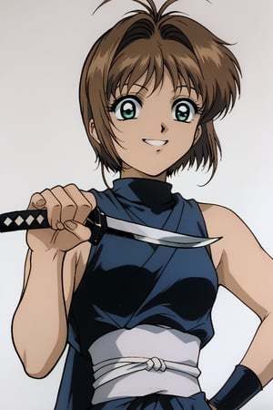 solo girl,1girl, kinomoto sakura, antenna hair, brown hair, short hair, green eyes, smile,
SUPERQUALITY,retro artstyle,traditional media,N1njaScroll,Female Ninja, holding knife