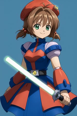 Solo girl,1girl, kinomoto sakura, antenna hair, brown hair, short hair, twintails, green eyes, hair bobbles,solo girl, smirk,JAB Comix, SUPERQUALITY,
beret, android, hair between eyes, dress, red headwear,[doll joints],zzLightSaber, holding lightsaber,green lightsaber 