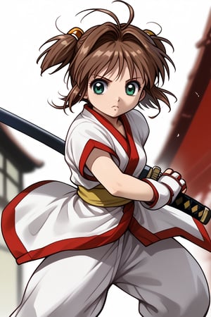 Solo girl,kinomoto sakura, antenna hair, brown hair, short hair, twintails, green eyes,motion blur,SUPERQUALITY , ainu clothes, japanese clothes, short sleeves, pants, fingerless gloves,battoujutsu