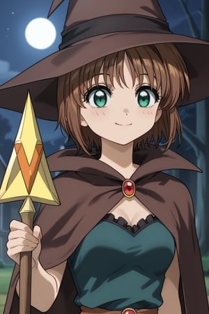 solo girl,1girl, kinomoto sakura, antenna hair, brown hair, short hair, green eyes, smiling,
SUPERQUALITY,WITCH,WITCH HAT