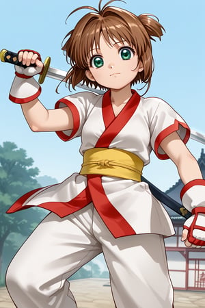 Solo girl,kinomoto sakura, antenna hair, brown hair, short hair, twintails, green eyes,SUPERQUALITY , ainu clothes, japanese clothes, short sleeves, pants, fingerless gloves,brave perspective,holding sword,Kinomoto_Sakura