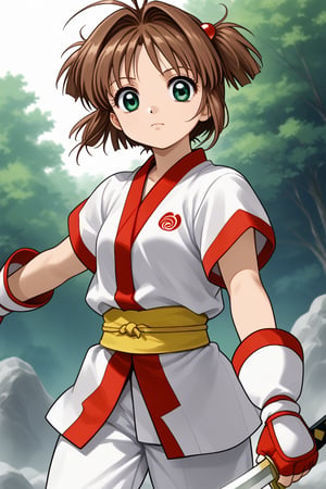 Solo girl,kinomoto sakura, antenna hair, brown hair, short hair, twintails, green eyes,SUPERQUALITY , ainu clothes, japanese clothes, short sleeves, pants, fingerless gloves,brave perspective,holding sword,SakuraPony