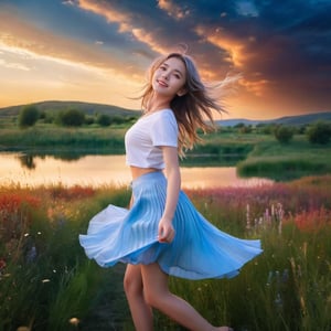 (1 girl), photo-realistic depiction of heartwarming and cheerful scene of a cute character joyfully girl, dancing in a field of meadow  landscape near the lake, windy, Twilight, dark theme, night time, shooting star, cloudy sky, red and blue shadow sky, diffused lighting, RAW photo, symmetry photo, epic scale, sharp focus, fish-eye lens, wide-angle lens, insane details, 
break 
(1 girl, medium long hair, braid hair, silver hair,  Exquisitely perfect symmetric very gorgeous face,  perfect breasts,  Exquisite delicate crystal clear skin,  Detailed beautiful delicate eyes, perfect slim body shape, full_body,), fashion colorful pleated skirt, bikini, toplessness,