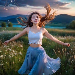 (1 girl), photo-realistic depiction of heartwarming and cheerful scene of a cute character joyfully girl, dancing in a field of meadow  landscape near the lake, windy, Twilight, dark theme, night time, shooting star, cloudy sky, red and blue shadow sky, diffused lighting, RAW photo, symmetry photo, epic scale, sharp focus, fish-eye lens, wide-angle lens, insane details, 
break 
(1 girl, medium long hair, braid hair, silver hair,  Exquisitely perfect symmetric very gorgeous face,  perfect breasts,  Exquisite delicate crystal clear skin,  Detailed beautiful delicate eyes, perfect slim body shape, full_body,), fashion colorful pleated skirt, bikini, toplessness,