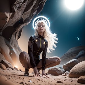 Realistic 16K resolution photography of on Lunar surface, 1girl wearing a glowing floating halo, Squatting on ground and holding glowing light ball. 
break, 
1girl, white hair, long braid hair,floating hair, green eyes, Exquisitely perfect symmetric very gorgeous face, Exquisite delicate crystal clear skin, Detailed beautiful delicate eyes, perfect slim body shape, slender and beautiful fingers, legs, perfect hands, legs, dressed in red sport jacket with golden Phoenix pattern, illuminated by film grain, realistic style, realistic skin texture, dramatic lighting, soft lighting, exaggerated perspective of ((Wide-angle lens depth)), extreme detail description,