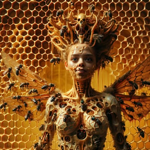 ((Realistic 8K resolution, RAW, extreme detail description)) photography of 1female terrifying figure whose body is a living hive, with insects crawling in and out of honeycomb-like structures in her flesh; in dark cave at outer space. 
break, 
1girl, floating hair, Exquisitely perfect symmetric very gorgeous face, Exquisite delicate crystal clear skin, Detailed beautiful delicate eyes, perfect slim body shape, slender and beautiful fingers, legs, perfect hands, legs, illuminated by film grain, realistic style, realistic skin texture, dramatic lighting, soft lighting, exaggerated perspective of ((Wide-angle lens depth)),