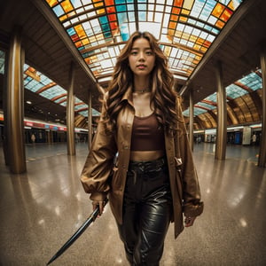 Realistic 16K resolution photography of a girl with golden wavy hair flows in the wind; wearing a brown jacket and leather pants, black boots, and a black sword in her hand, walking in the MRT station, with round metal pillars and a ceiling made of colored glass behind her.
break, 
1 girl, Exquisitely perfect symmetric very gorgeous face, Exquisite delicate crystal clear skin, Detailed beautiful delicate eyes, perfect slim body shape, slender and beautiful fingers, nice hands, perfect hands, illuminated by film grain, realistic skin, dramatic lighting, soft lighting, exaggerated perspective of ((fisheye lens depth)),