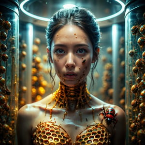 ((Realistic 8K resolution, RAW, extreme detail description)) photography of 1female terrifying figure whose body is a living hive, with insects crawling in and out of honeycomb-like structures in her flesh; standing in science lab. 
break, 
1girl, floating hair, Exquisitely perfect symmetric very gorgeous face, Exquisite delicate crystal clear skin, Detailed beautiful delicate eyes, perfect slim body shape, slender and beautiful fingers, legs, perfect hands, legs, illuminated by film grain, realistic style, realistic skin texture, dramatic lighting, soft lighting, exaggerated perspective of ((Wide-angle lens depth)),