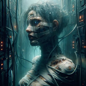 ((Realistic 8K resolution, RAW, extreme detail description)) photography of grungy extremely shattered oil painting dark artistic close-up portrait of stunning cyberpunk female, bandages clothing, floating fully immersed and wired in a futuristic vertical healing chamber, underwater
break, 
1girl, Exquisitely perfect symmetric very gorgeous face, Exquisite delicate crystal clear skin, Detailed beautiful delicate eyes, perfect slim body shape, slender and beautiful fingers, legs, perfect hands, legs, illuminated by film grain, realistic style, realistic skin texture, dramatic lighting, soft lighting, exaggerated perspective of ((Wide-angle lens depth)),