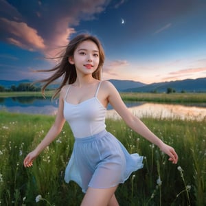 (1 girl), photo-realistic depiction of heartwarming and cheerful scene of a cute character joyfully girl, dancing in a field of meadow  landscape near the lake, windy, Twilight, dark theme, night time, shooting star, cloudy sky, red and blue shadow sky, diffused lighting, RAW photo, symmetry photo, epic scale, sharp focus, fish-eye lens, wide-angle lens, insane details, 
break 
(1 girl, medium long hair, braid hair, silver hair,  Exquisitely perfect symmetric very gorgeous face,  perfect breasts,  Exquisite delicate crystal clear skin,  Detailed beautiful delicate eyes, perfect slim body shape, full_body,), naked,