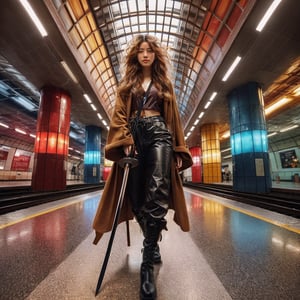 Realistic 16K resolution photography of a girl with golden wavy hair flows in the wind; wearing a brown jacket and leather pants, black boots, and a black sword in her hand, walking in the MRT station, with round metal pillars and a ceiling made of colored glass behind her.
break, 
1 girl, Exquisitely perfect symmetric very gorgeous face, Exquisite delicate crystal clear skin, Detailed beautiful delicate eyes, perfect slim body shape, slender and beautiful fingers, nice hands, perfect hands, illuminated by film grain, realistic skin, dramatic lighting, soft lighting, exaggerated perspective of ((fisheye lens depth)),