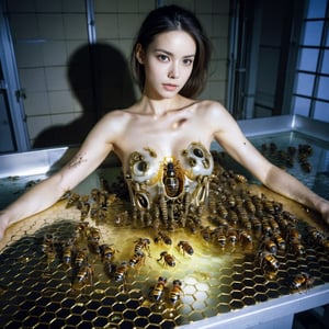 ((Realistic 8K resolution, RAW, extreme detail description)) photography of 1female terrifying figure whose body is a living hive, with insects crawling in and out of honeycomb-like structures in her flesh; laying on glass table in science lab. 
break, 
1girl, floating hair, Exquisitely perfect symmetric very gorgeous face, Exquisite delicate crystal clear skin, Detailed beautiful delicate eyes, perfect slim body shape, slender and beautiful fingers, legs, perfect hands, legs, illuminated by film grain, realistic style, realistic skin texture, dramatic lighting, soft lighting, exaggerated perspective of ((Wide-angle lens depth)),