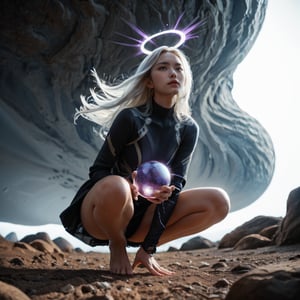 Realistic 16K resolution photography of on Lunar surface, 1girl wearing a glowing floating halo, Squatting on ground and holding glowing light ball. 
break, 
1girl, white hair, long braid hair,floating hair, green eyes, Exquisitely perfect symmetric very gorgeous face, Exquisite delicate crystal clear skin, Detailed beautiful delicate eyes, perfect slim body shape, slender and beautiful fingers, legs, perfect hands, legs, dressed in red sport jacket with golden Phoenix pattern, illuminated by film grain, realistic style, realistic skin texture, dramatic lighting, soft lighting, exaggerated perspective of ((Wide-angle lens depth)), extreme detail description,