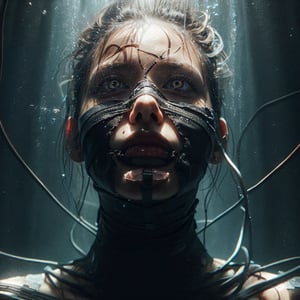 ((Realistic 8K resolution, RAW, extreme detail description)) photography of grungy extremely shattered oil painting dark artistic close-up portrait of stunning cyberpunk female, bandages clothing, floating fully immersed and wired in a futuristic vertical healing chamber, underwater
break, 
1girl, Exquisitely perfect symmetric very gorgeous face, Exquisite delicate crystal clear skin, Detailed beautiful delicate eyes, perfect slim body shape, slender and beautiful fingers, legs, perfect hands, legs, illuminated by film grain, realistic style, realistic skin texture, dramatic lighting, soft lighting, exaggerated perspective of ((Wide-angle lens depth)),