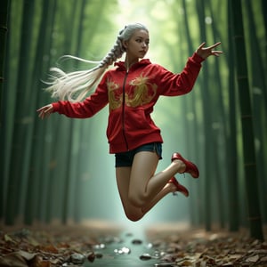 Realistic 16K resolution photography of on Lunar surface, 1girl with exquisite face, jumping up in deep mountain near bamboo forest. illuminated by film grain, realistic style, realistic skin texture, dramatic lighting, soft lighting, exaggerated perspective of ((Wide-angle lens depth)), extreme detail description,
break, 
1girl, white hair, long braid hair,floating hair, green eyes, Exquisitely perfect symmetric very gorgeous face, Exquisite delicate crystal clear skin, Detailed beautiful delicate eyes, perfect slim body shape, slender and beautiful fingers, legs, perfect hands, legs, dressed in red sport jacket with golden Phoenix pattern,