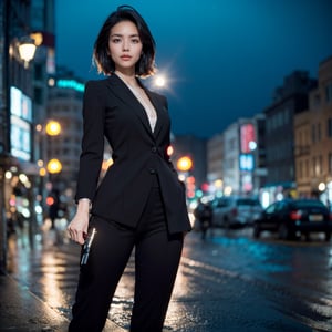 ((Realistic 8K resolution, RAW, extreme detail description)) photography of 1girl wearing black suit, holding hand gun, standing on rain-soaked street at Osaka, dark theme, night time,
break,
1girl, nice hair, Exquisitely perfect symmetric very gorgeous face, Exquisite delicate crystal clear skin, Detailed beautiful delicate eyes, perfect slim body shape, slender and beautiful fingers, legs, perfect hands, legs, illuminated by film grain, realistic style, realistic skin texture, dramatic lighting, soft lighting, exaggerated perspective of ((Wide-angle lens depth)),