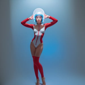 Realistic high resolution red blue tone photography of 1girl wearing tight space suite, helmet, floating in the air, transparent background, 
break, 
1 girl, Exquisitely perfect symmetric very gorgeous face, Exquisite delicate crystal clear skin, Detailed beautiful delicate eyes, perfect slim body shape, slender and beautiful fingers, legs, perfect hands, legs, illuminated by film grain, realistic style, realistic skin texture, dramatic lighting, soft lighting, exaggerated perspective of ((Wide-angle lens depth)),