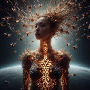 ((Realistic 8K resolution, RAW, extreme detail description)) photography of 1female terrifying figure whose body is a living hive, with insects crawling in and out of honeycomb-like structures in her flesh; in dark outer space. 
break, 
1girl, floating hair, Exquisitely perfect symmetric very gorgeous face, Exquisite delicate crystal clear skin, Detailed beautiful delicate eyes, perfect slim body shape, slender and beautiful fingers, legs, perfect hands, legs, illuminated by film grain, realistic style, realistic skin texture, dramatic lighting, soft lighting, exaggerated perspective of ((Wide-angle lens depth)),