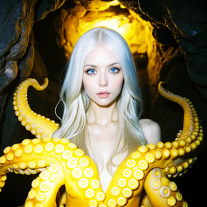 Realistic 16K resolution photography of 1female white hair, long hair, hair over one eye, floating hair, blue eyes, Exquisitely perfect symmetric very gorgeous face is attached to a body with many limbs like an octopus, in a dark cave; the surrounding is covered with floating fluorescent algae. illuminated by film grain, realistic style, realistic skin texture, dramatic lighting, soft lighting, exaggerated perspective of ((Wide-angle lens depth)), extreme detail description,