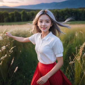 (1 girl), close up, look side, photo-realistic depiction of heartwarming and cheerful scene of a cute character joyfully girl, dancing in a field of meadow  landscape near the lake, windy, Twilight, dark theme, night time, shooting star, cloudy sky, red and blue shadow sky, diffused lighting, RAW photo, symmetry photo, epic scale, sharp focus, fish-eye lens, wide-angle lens, insane details, 
break 
(1 girl, medium long hair, braid hair, silver hair, athletic slim body, perfect body shape), fashion colorful pleated skirt, seeing through cloth, toplessness,