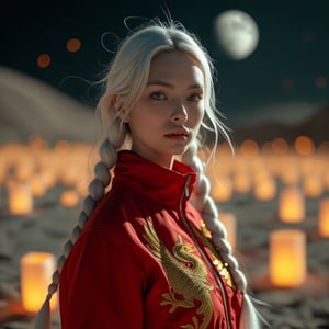 Realistic 16K resolution photography of on Lunar surface, 1girl with exquisite face, walking; Sky lanterns floating in the air full around, giant earth in the sky. illuminated by film grain, realistic style, realistic skin texture, dramatic lighting, soft lighting, exaggerated perspective of ((Wide-angle lens depth)), extreme detail description,
break, 
1girl, white hair, long braid hair,floating hair, green eyes, Exquisitely perfect symmetric very gorgeous face, Exquisite delicate crystal clear skin, Detailed beautiful delicate eyes, perfect slim body shape, slender and beautiful fingers, legs, perfect hands, legs, dressed in red sport jacket with golden Phoenix pattern,