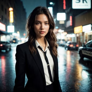 ((Realistic 8K resolution, RAW, extreme detail description)) photography of 1girl wearing black suit, holding hand gun, standing on rain-soaked street at Osaka, dark theme, night time,
break,
1girl, nice hair, Exquisitely perfect symmetric very gorgeous face, Exquisite delicate crystal clear skin, Detailed beautiful delicate eyes, perfect slim body shape, slender and beautiful fingers, legs, perfect hands, legs, illuminated by film grain, realistic style, realistic skin texture, dramatic lighting, soft lighting, exaggerated perspective of ((Wide-angle lens depth)),