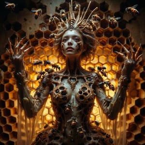 ((Realistic 8K resolution, RAW, extreme detail description)) photography of 1female terrifying figure whose body is a living hive, with insects crawling in and out of honeycomb-like structures in her flesh; in dark cave at outer space. 
break, 
1girl, floating hair, Exquisitely perfect symmetric very gorgeous face, Exquisite delicate crystal clear skin, Detailed beautiful delicate eyes, perfect slim body shape, slender and beautiful fingers, legs, perfect hands, legs, illuminated by film grain, realistic style, realistic skin texture, dramatic lighting, soft lighting, exaggerated perspective of ((Wide-angle lens depth)),