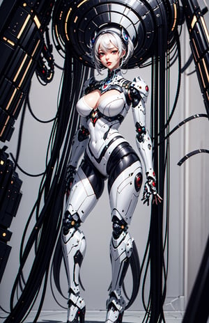 masterpiece, best quality, looking at the viewer, aggressive looking face, big eyes, red lips, fat big lips, outdoors, very muscular woman, robot hands are well shown, standing, full Red Leg armor costume,  white leggings,  Dramatic lighting,  Night time,  Firestorm,  Rugged and rocky terrain background, Big beautiful eyes,  long straight hair,  High detailed full body,  Head to feet,  robot_girl, subject in the middle of the frame, rfktr_technotrex , EpicLogo,neon_genesis_girl