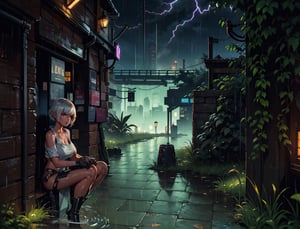 HDR, 4k, 8k, ultra HD,  high_resolution, High-detailed,  nice lighting, Futuristic look, lots of pipelines, cables hanging down, rainy night, ripples of rainwater on the ground, a wet assassin sexy girl wearing high heels and leggings, short hair,  looking at the viewer, towering cityscape with neon lights radiating in the background,1 girl, standing, leaning_back to the wall, perfect eyes