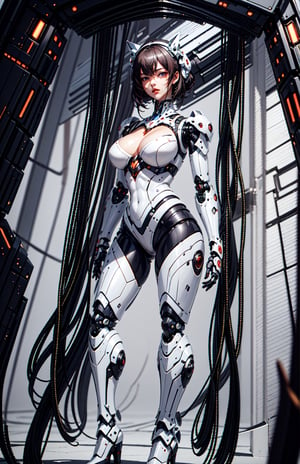 masterpiece, best quality, looking at the viewer, aggressive looking face, big eyes, red lips, fat big lips, outdoors, very muscular woman, robot hands are well shown, standing, full Red color armor costume,  white leggings,  Dramatic lighting,  Night time,  Firestorm,  Rugged and rocky terrain background, Big beautiful eyes,  long straight hair,  High detailed full body,  Head to feet,  robot_girl, subject in the middle of the frame, rfktr_technotrex , EpicLogo,neon_genesis_girl