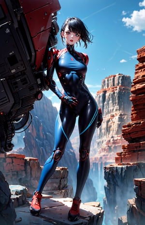 masterpiece, best quality, looking at the viewer, aggressive looking face, angry big eyes, red lips, outdoors open world, small breast, robot hands are well shown, standing, blue sky environment background, white leggings, day time, Rugged and rocky terrain background, Big beautiful eyes,  very short dark blue hair,  High detailed glossy full body,  Head to feet,  robot_girl, subject in the middle of the frame, rocky landscape,cibertribal,cyberpunk