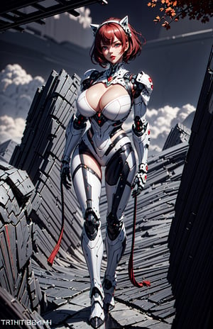 masterpiece, best quality, looking at the viewer, aggressive looking face, big eyes, red lips, fat big lips, outdoors, very muscular woman, robot hands are well shown, standing, full Red color armor costume,  white leggings,  Dramatic lighting,  Night time,  Firestorm,  Rugged and rocky terrain background, Big beautiful eyes,  short red hair,  High detailed full body,  Head to feet,  robot_girl, subject in the middle of the frame, rocky landscape, rfktr_technotrex , EpicLogo,neon_genesis_girl