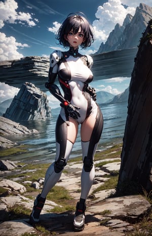 masterpiece, best quality, looking at the viewer, aggressive looking face, angry big eyes, red lips, outdoors open world, small breast, robot hands are well shown, standing, blue sky environment background, white leggings, day time, Rugged and rocky terrain background, Big beautiful eyes,  very short dark blue hair,  High detailed glossy full body,  Head to feet,  robot_girl, subject in the middle of the frame, rocky landscape,cibertribal,