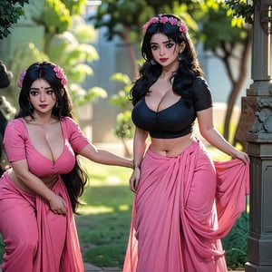 beautiful girl from Kerala with dark skin, ((flowers adorned on the head)), wearing Hindu clothing, showing maximum low hip, full body view, three girls wearing a short skirt & sexy blouse with deep cleavage, hourglass body figure, slim body, sexy, 85mm, long shot, 8k photograph. depth of field. happy face, hyper-detailed, sharp focus, studio photo, intricate details, highly detailed, looking_at_viewer, pov_eye_contact, looking_at_camera,3DMM,Flower Wreath,Saree