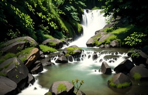 Misty waterfalls in a forest, eroded rocks, photorealistic, hight details, masterpiece, 