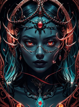 Margot Robbie,  malice,  skulls,  tendrils,  dark atmosphere,  greyscale,  detailed linework,  cinematic,  psychedelic,  black paper with vibrant turquoise line work,  ornate,  symmetrical,  tarot card,  highly detailed,  ink illustration,  style of Peter Mohrbacher,  golden ratio, single face, ((red glowing eye iris)),  red colour for Iris, firey eyes,  painted face, symmetric  face,  red hair,, oval face, glowing Ruby gemstones, Clam face, goddess,
front face, centred image, clean face, detailed face, ,photo of perfecteyes eyes