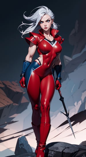 masterpiece,  best quality,  aggressive looking face, big eyes, outdoors, very muscular woman, hands are well shown, standing, super-hero style, full metal body armour in red colour , leggings, (Red leather pointed angle boots),  Dramatic lighting, Night time,  Rugged and rocky terrain background, blue eyes, silver hair, High detailed full body, Head to feet