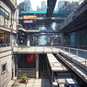Industrial-style city, Sci-fi, High res, well-detailed geometric shapes, cyber city, colourful banners on the walls, natural sunlight, perfect shadow, perfect bounce light, accurate lighting, super sci-fi city, Cyberpunk, 0ne point perspective, DonMC3l3st14l3xpl0r3rsXL, metal steel building, outdoors,indoors metal steel building, outdoor,adstech,wrench_elven_arch,Cyberpunk