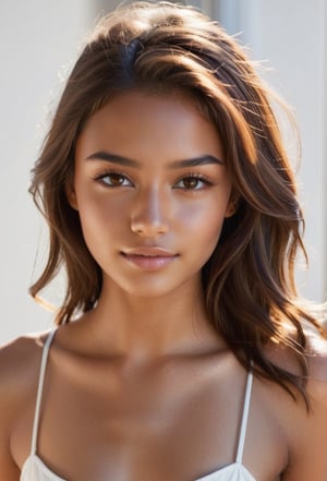  Stunning young woman with brown hair and tan skin, illuminated by midday lighting, exposes her well-defined features with clear shadows