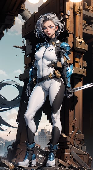 masterpiece,  best quality,  aggressive looking face, big eyes, outdoors, very muscular woman, hands are well shown, ((holding a weapon)), holding a weapon, standing, super-hero style, full metal body armour in white colour, leggings, (white leather pointed angle boots),  Dramatic lighting, Night time,  Rugged and rocky terrain background, blue eyes, silver short hair, Morden hairstyle, groomed hair, High detailed full body, Head to feet,girl