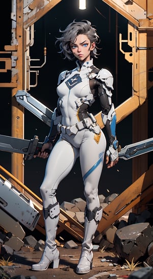masterpiece,  best quality,  aggressive looking face, big eyes, outdoors, very muscular woman, hands are well shown, ((holding a weapon)), holding a weapon, standing, super-hero style, full metal body armour in white colour, leggings, (white leather pointed angle boots),  Dramatic lighting, Night time,  Rugged and rocky terrain background, blue eyes, silver short hair, High detailed full body, Head to feet,girl