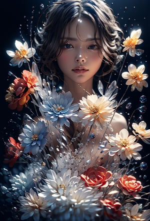 face of a woman made with flowers, Transparent Glass Flowers, Red flowers, Blue flowers, glowing flowers,