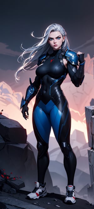 masterpiece,  best quality,  aggressive looking face, big eyes, outdoors, very muscular woman, hands well shown, standing, super-villain style, full metal body armor, leggings, Dramatic lighting, Night time, red Thunderstorm, Rugged and rocky terrain background, blue eyes, silver hair, High detailed full body, Head to feet